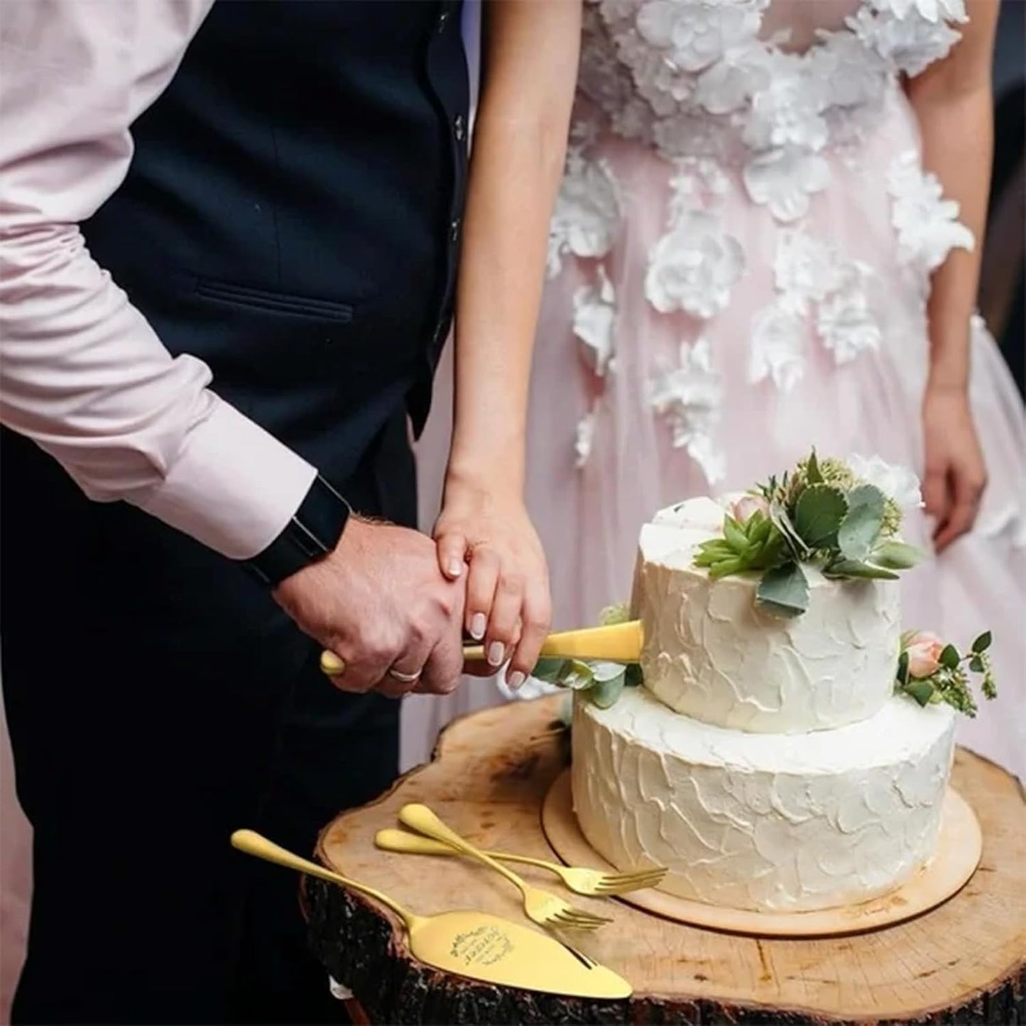 Personalized Wedding Cake Knife and Server Set, Custom Gold/Silver Cake Cutting Set for Wedding, 4 Pieces Set with Forks for Engagements, Anniversaries, Bride and Groom (Gold)