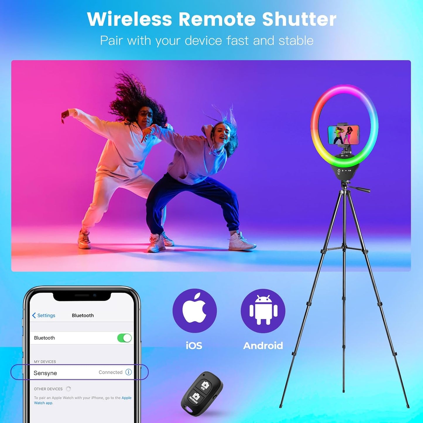 Sensyne 10'' RGB Ring Light with 50'' Extendable Tripod Stand, Circle Lights with Phone Holder for Live Stream/Makeup/YouTube Video/TikTok, Compatible with All Phones