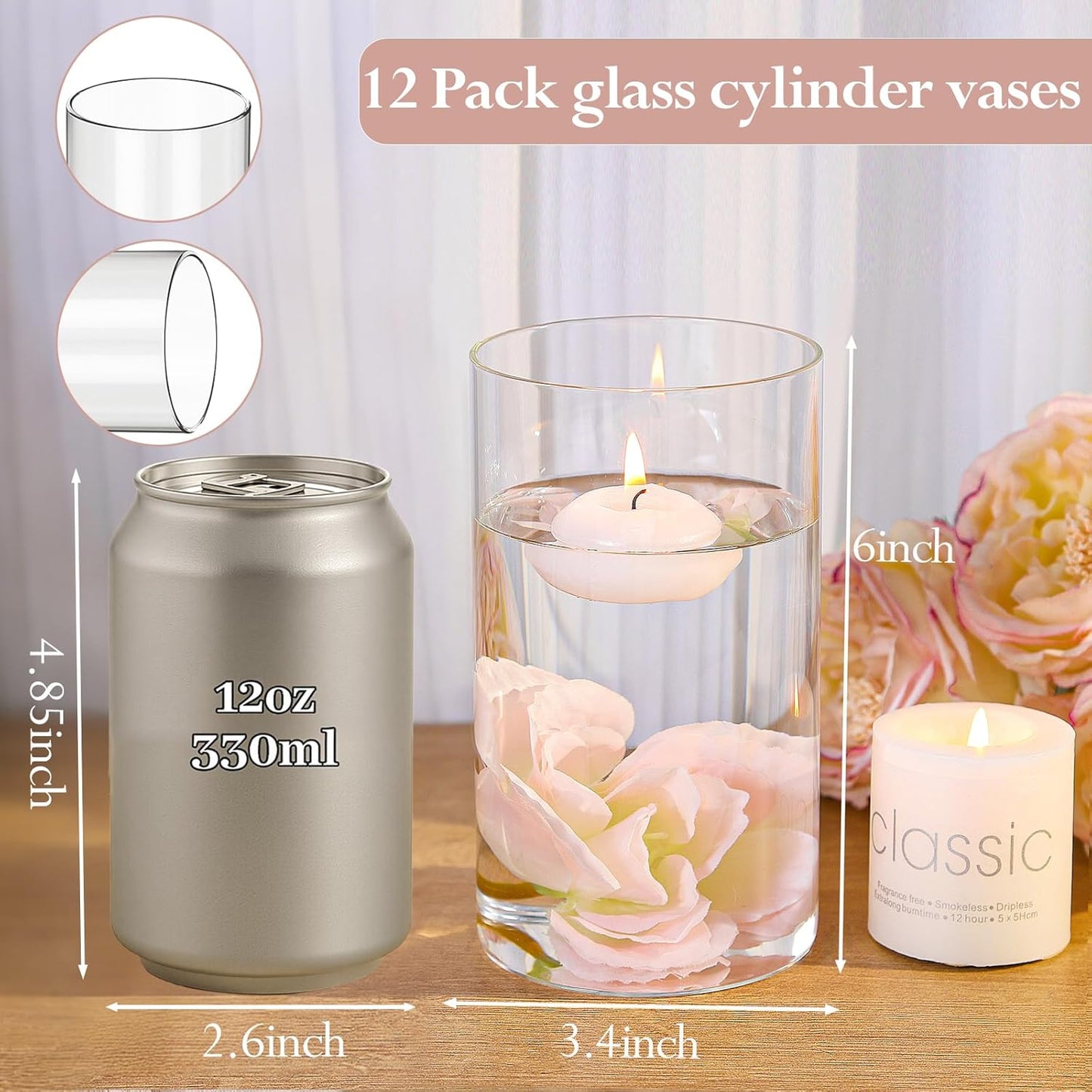 12pcs Glass Cylinder Vases for Centerpieces, 6 Inch Clear Flower Vases for Wedding Decorations and Indoor Home Decor, Hurricane Candle Holder for Table Shelf, Party