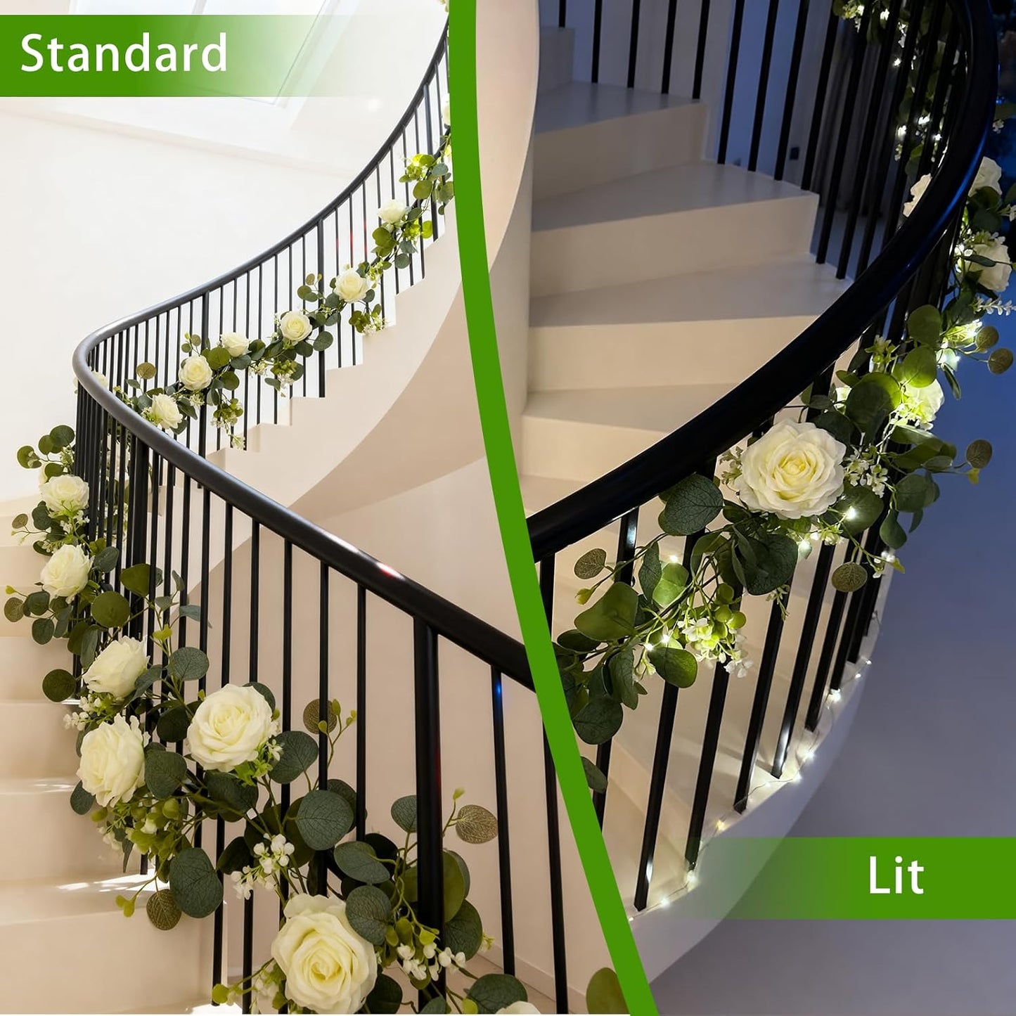 2 Pack 5.9 FT Artificial Flower Garland with Lights, Fake Floral Garland with 12 White Roses, White Flower Decorations for Arch Table Centerpieces Backdrop Party Home Wedding Decorations