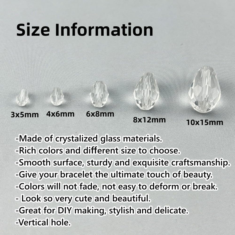 200pcs 3x5mm Teardrop Crystal Glass Beads for Jewelry Making, Faceted Vertical Hole Teardrop Glass Spacer Beads for Wind Chimes Bracelet Earring Necklace DIY Craft(Transparent)