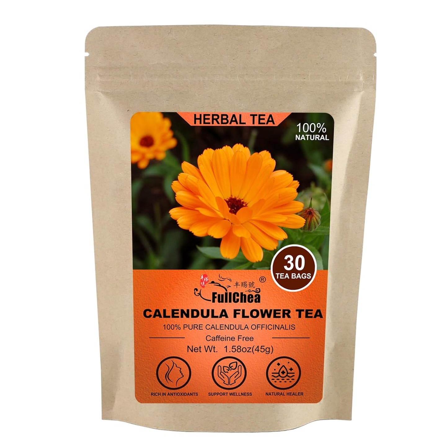 FullChea - Dried Calendula Flowers Tea, 30 Teabags, 1.5g/bag - Premium Calendula Tea For Skin Health & Support Wellness - Non-GMO - Caffeine-free - Natural Calendula Herbs