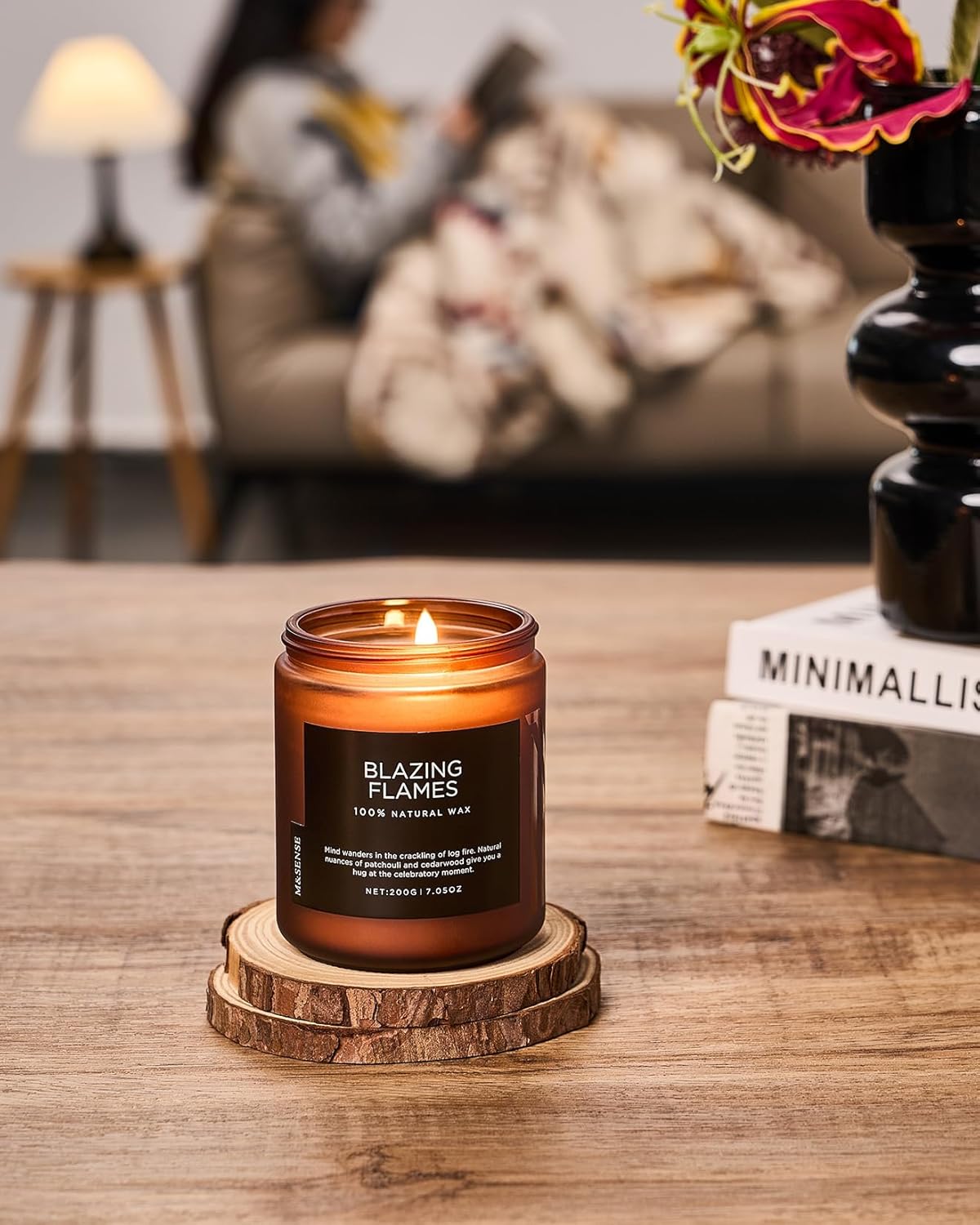 M&SENSE Blazing Flames Scent with Log Fire, Natural Soy Wax Slow Burning Candle for Home Decor, Cedarwood &Cade Scented 7.05oz 50 Hours Burn Cotton Wick Gifts for Celebration Holiday