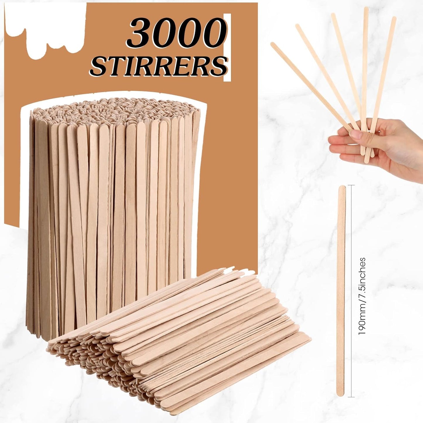 Meanplan 3000 Pcs Wooden Coffee Stirrers 7.5 Inch Disposable Stir Sticks Birch Wood Coffee Stirring Sticks Bar Long Cocktail Drink Stirrers with Round Ends for Hot Chocolate Tea Beverages