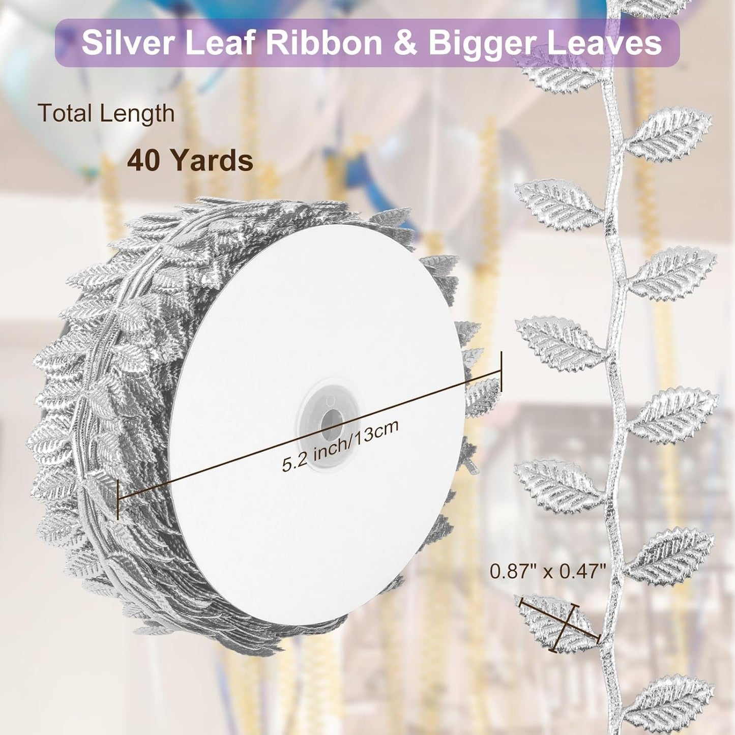 Naidiler Leaf Ribbon, Artificial Vines Leaves String Trim Ribbon Wild Jungle Botanical Greenery for Baby Shower Party Wedding Home Wreaths & DIY Craft (Silver 120Ft)