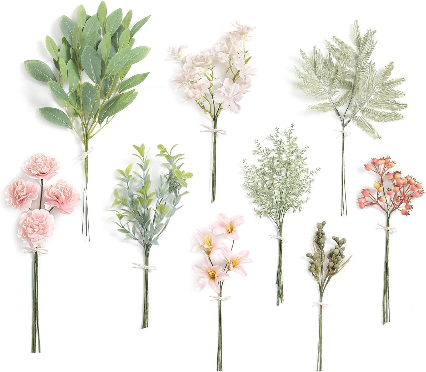 Serra Flora Artificial Greenery Stems Box Set,(Pack of 47pcs) with 9 Kinds of Faux Pink Green Filler for DIY Bridal Bouquets Wedding Floral Arrangement Table Centerpieces