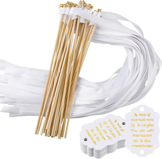 Junkin 100 Pcs Wedding Wands Streamers with Bells Set, 50 White Wedding Send Off Ribbon Streamers Sticks and 50 Favor Tags for Bridal Baby Shower Anniversary Holiday Send Off Party Activities Favors