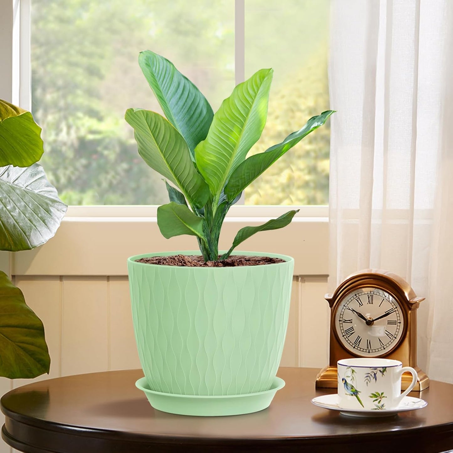 7 inch Flower Pots, 5 Pack Plant Pots with Drainage Holes and Saucers for Indoor Plants, Plastic Planters with Water Ripple for Small Garden House Plants, Nursery Pots for Succulent, Green