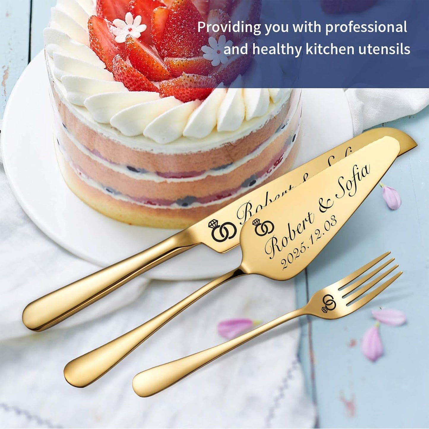 Personalized Wedding Cake Knife and Server Set, Custom Gold/Silver Cake Cutting Set for Wedding, 4 Pieces Set with Forks for Engagements, Anniversaries, Bride and Groom (Rose Gold)