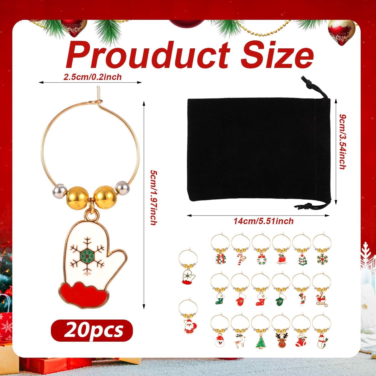 20pcs Christmas Wine Glass Charms, Cute Wine Glass Markers Tags Charms with Flannel Bag Christmas Theme Drink Identifier for Stem Glasses for Wine Tasting Party Favors Decorations