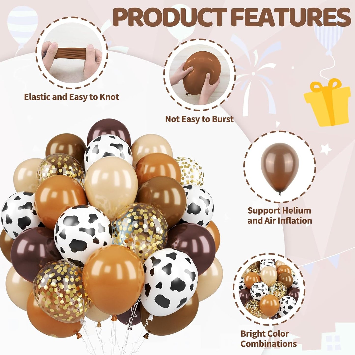 Brown Cow Balloons, 50 Pcs Cow Print Balloons, 12 Inch Dark Brown Coffee Nude Tan Neutral Gold Confetti Balloons Helium for Cowboy Cowgirl Birthday Baby Shower Farm Animal Western Party Decorations