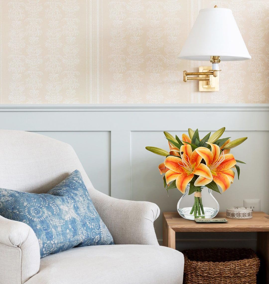 Hollyone Tiger Lily Fall Flowers Artificial for Decoration in Vase Real Touch Orange Autumn Silk Faux Flowers Arrangements with Glass Vase with Fake Water Lily Centerpiece Fall Decorations for Home