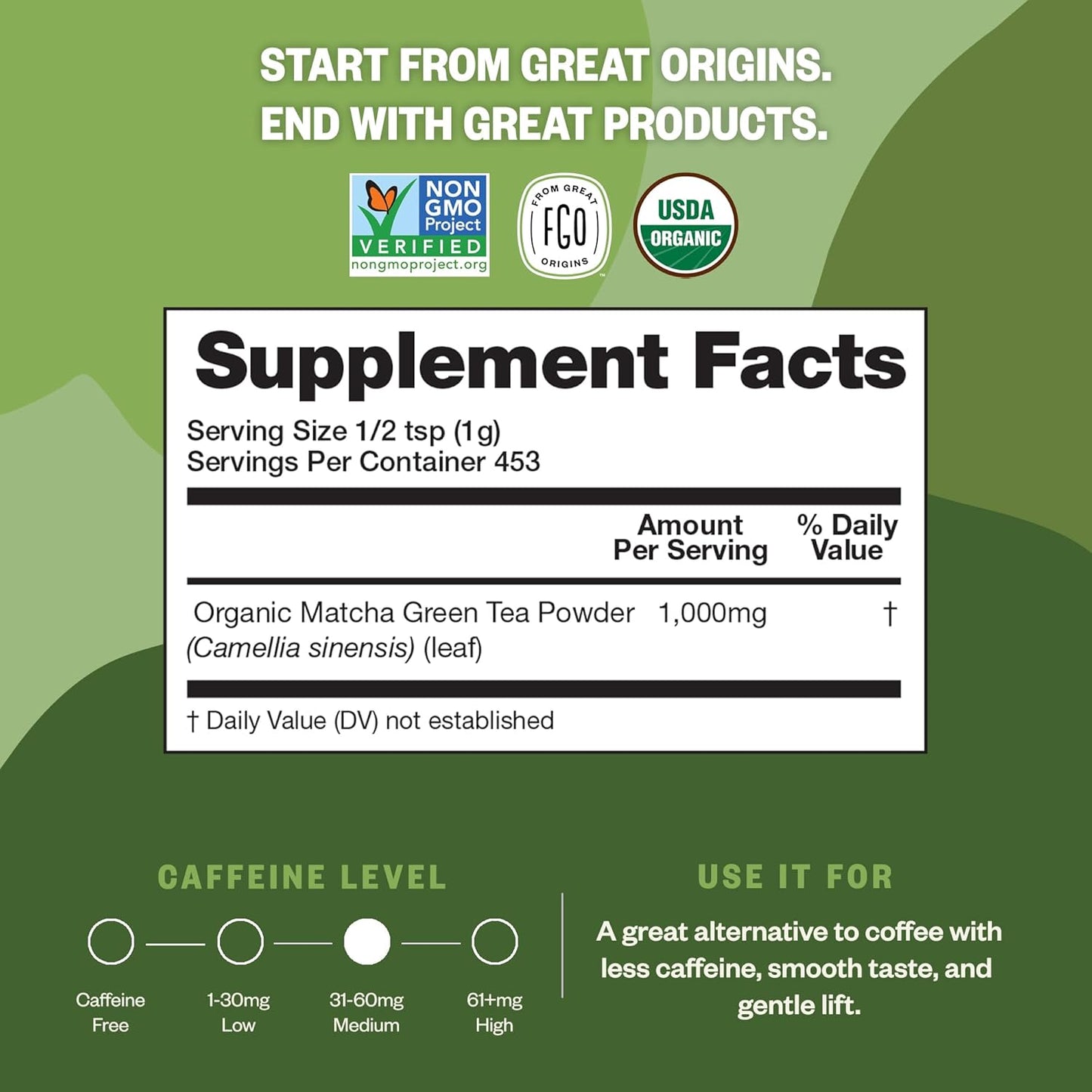 FGO Organic Matcha Green Tea Powder, Japanese Culinary Grade for Cooking, Baking, or Smoothies, 16oz Bulk Resealable Bag, Packaging May Vary (Pack of 1)