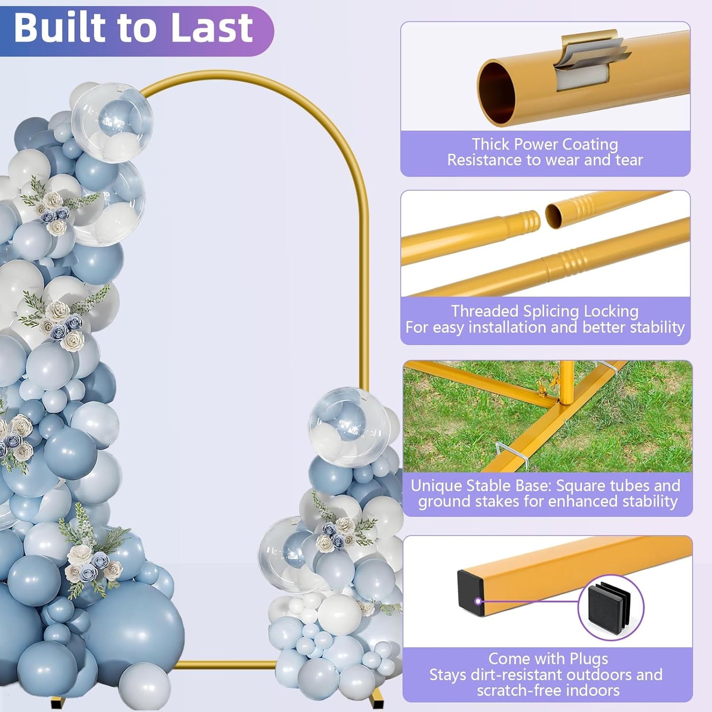 Hemmotop Metal Arch Backdrop Stand Set of 3, 6 ft/ 5 ft/ 4 ft Party Arch Stands for Wedding, Birthday, Baby Shower, Bridal Shower - Balloon Arched Frame for Garden Decor, Gold Floral Arches, 3 Pieces