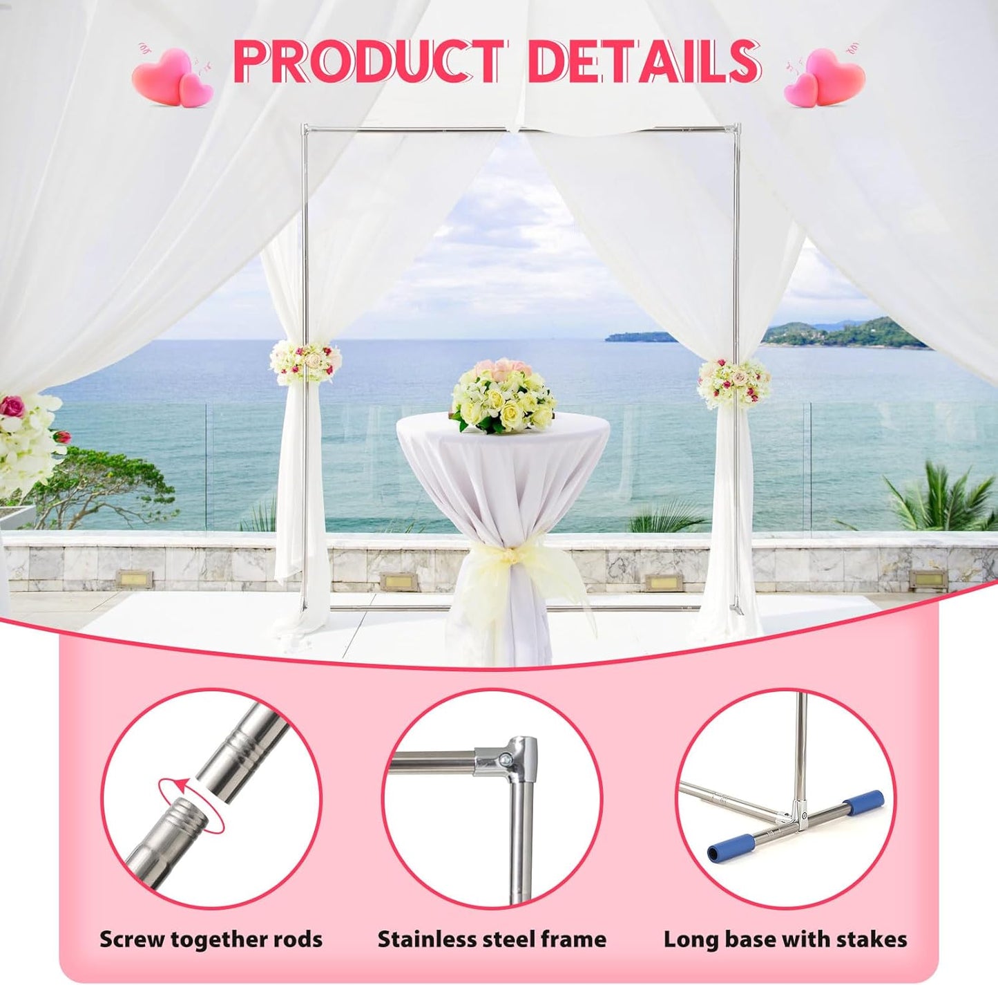 Wedding Arch,7 x 4 FT Metal Arch Backdrop Stand with Support Feet Base,Square Arched Frame for Birthday Party Ceremony Event Balloon Arches Decoration