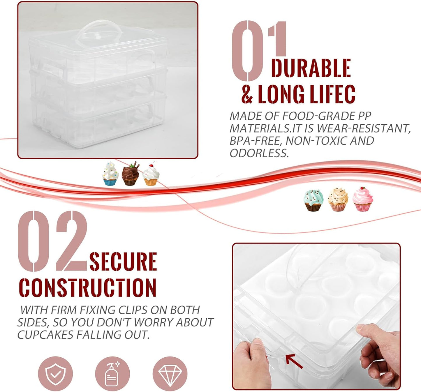 Cupcake Carrier, 3-Tiers Cupcake Containers, Holds 36 Cupcakes or 3 Large Cakes, Cupcake Holder, Cupcake Box with Lid and Handle (White, Basic)