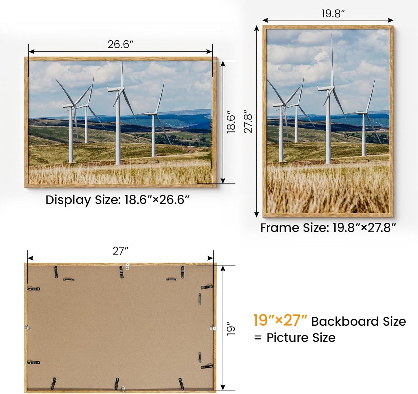 19x27 Picture Frame Oak Wood,19"x27" Natural Oak Color Wooden Frames with Tempered Glass,27x19 inch Wall Gallery Poster Frame with No Mat,19 by 27 Frames Horizontal and Vertical for Wall Mounting