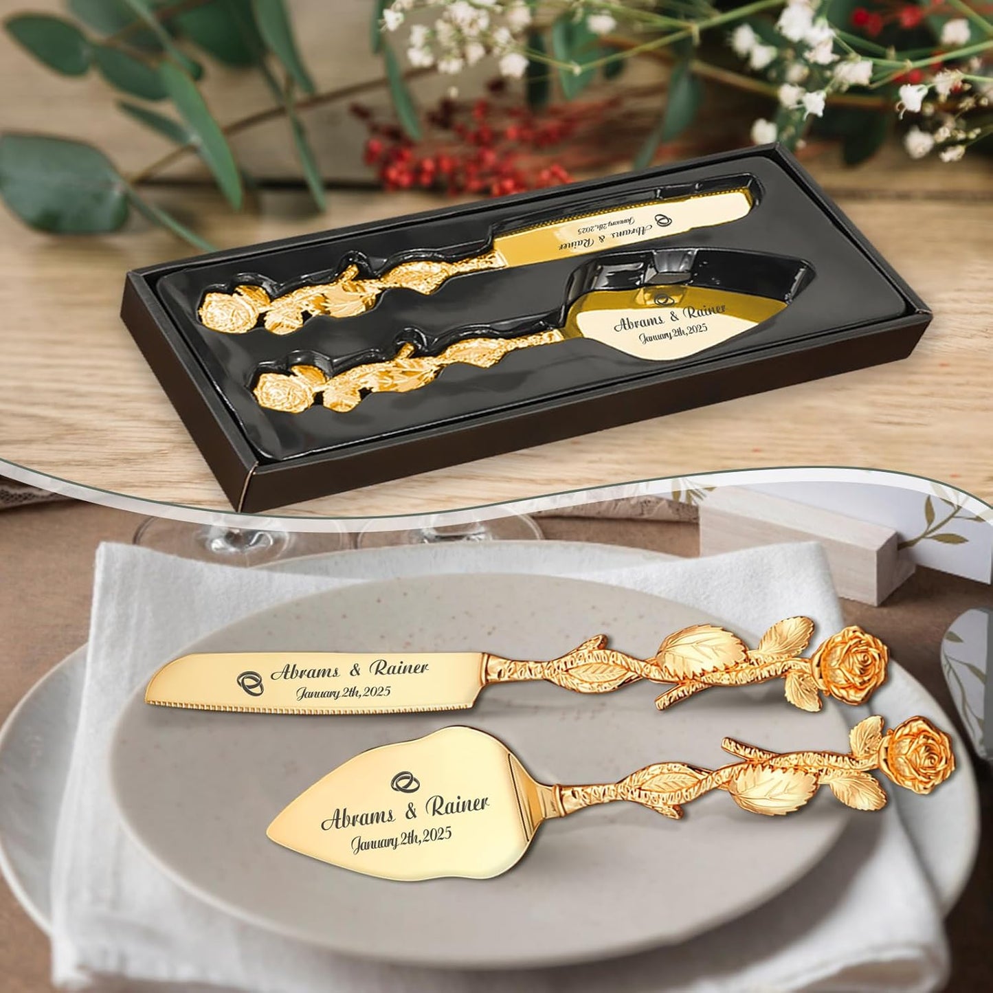 HJX Personalized Wedding Cake Knife and Server Set - Custom Name Engraved Cutting Set with Elegant Gift Box, Ideal for Bridal Wedding Anniversary Birthday Gifts (Rose handle)