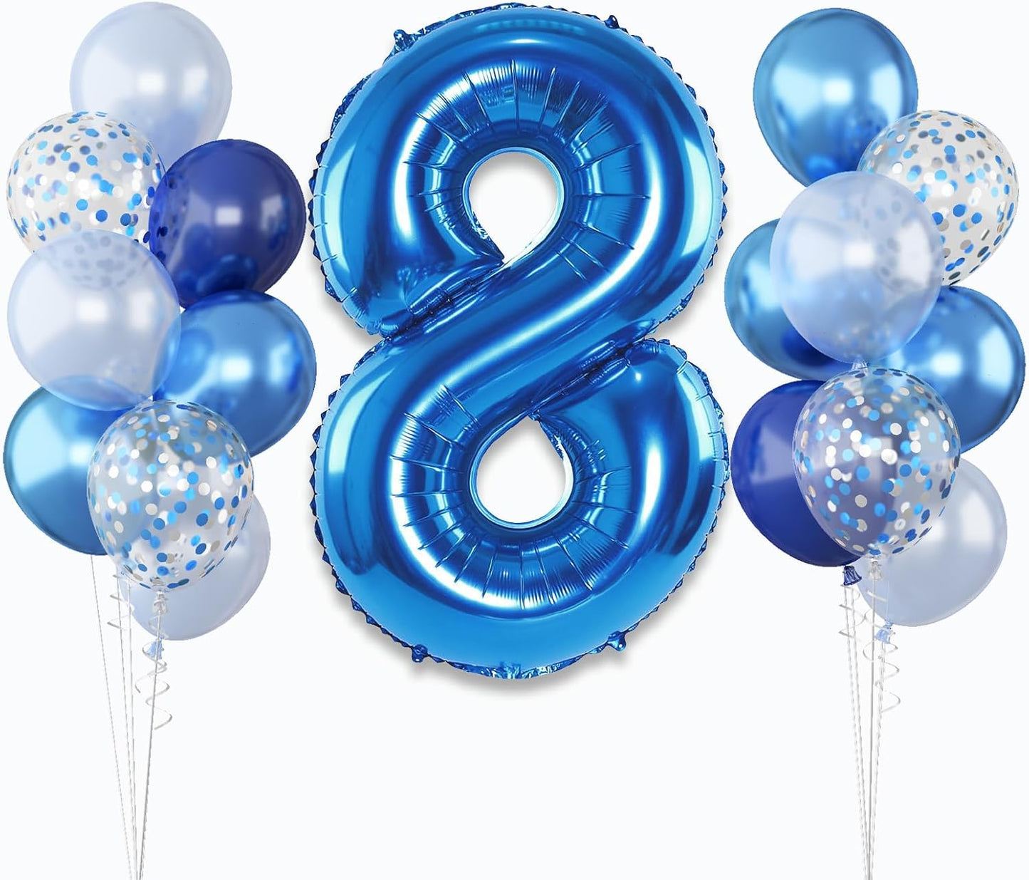 Giant Number Foil Balloon 8, Dark Blue Self Inflating 8th Birthday Balloon for Boys, 40'' 8 Balloon Light Navy Blue with Metallic Blue Silver Confetti Balloon for Anniversary Party Decoration Supplies