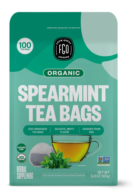 FGO Organic Spearmint Leaf Tea, 100 Count, Eco-Conscious Tea Bags, Caffeine Free, Resealable Bag, Packaging May Vary (Pack of 1)