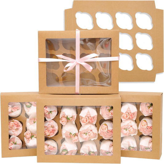 12 Cupcake Containers 12-Packs Brown Cupcake Box Cupcakes Carrier, 12 Cupcake Boxes with Window 13"x10"x3.5"（Auto-pop up）