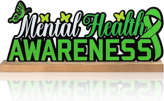 Mental Health Awareness Metal Sign Rustic Table Decor Holiday Tiered Tray Decor with Wooden Base Freestanding Metal Word Sign for Home Tabletop Centerpiece Mantel Shelf Fireplace