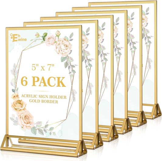 EHWINE 6 Pack Acrylic Sign Holder 5 x 7, Double Sided Gold Picture Frame Stand up Table Top Sign Holders, Clear Display Stand Menu Flyer Holder for Wedding Party