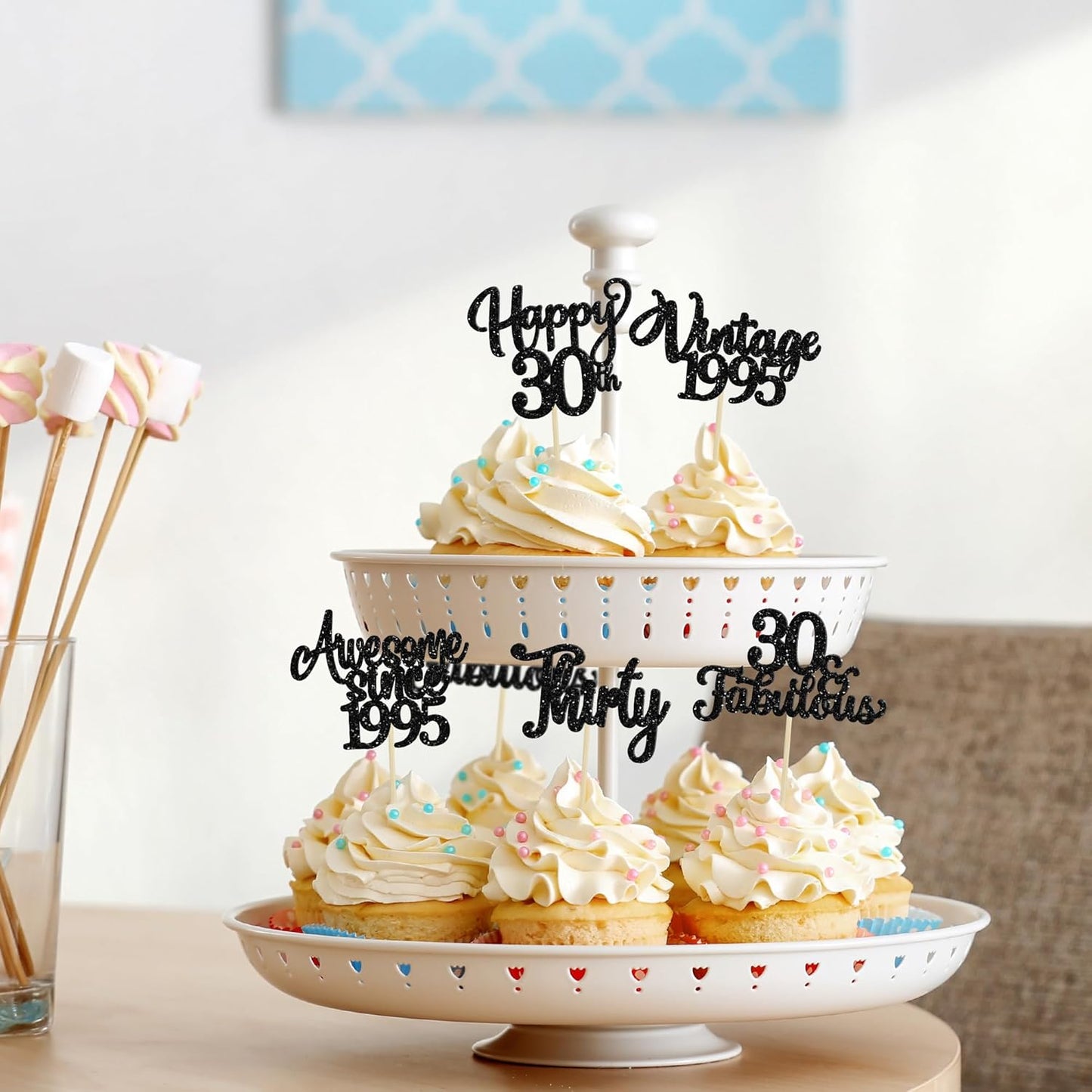 30Pcs Happy 30th Birthday Cupcake Toppers Glitter Thirty Vintage 1995 Cupcake Picks Cheers to 30 Fabulous Cake Decorations for 30th Birthday Wedding Anniversary Party Supplies Black