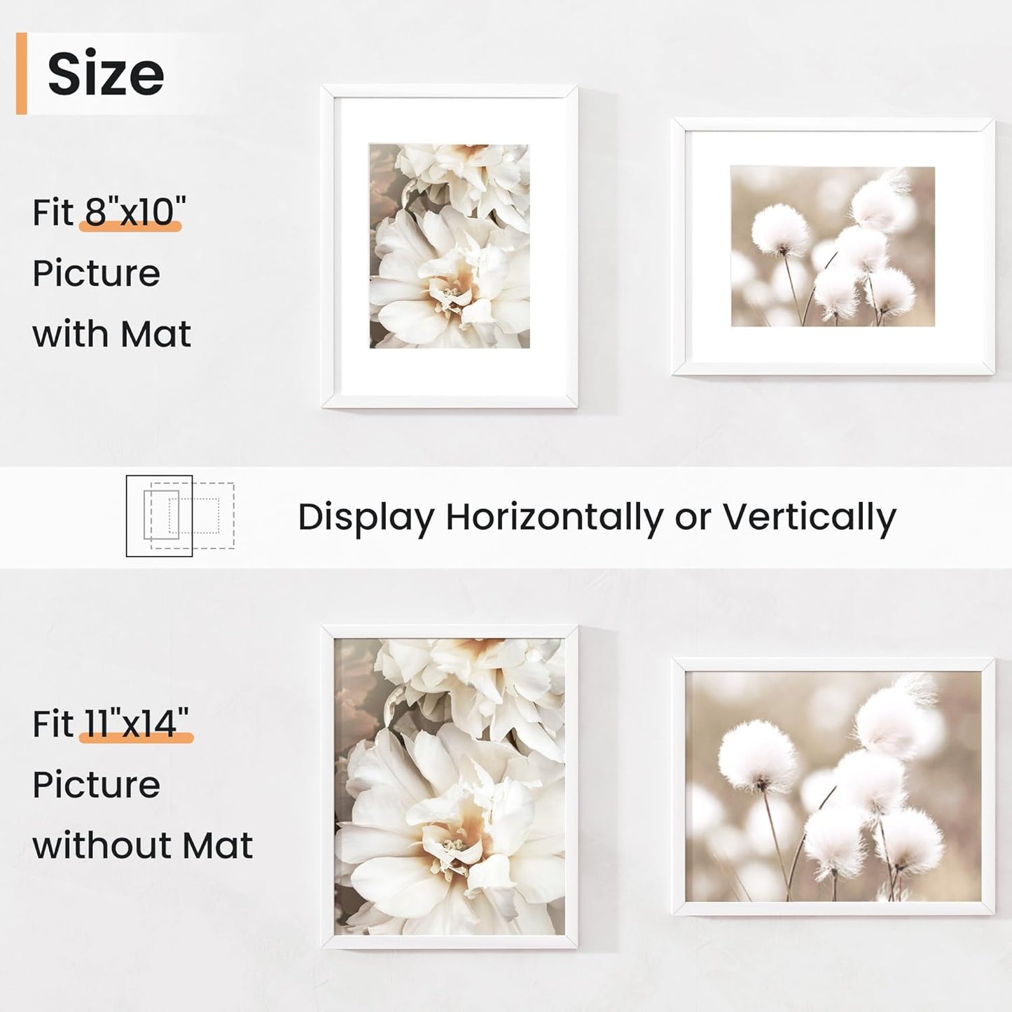 11x14 inch Picture Frame, 11x14 Photo Frames with 8x10 Removable Mat - High Definition Plexiglass - Vertical and Horizontal Display - Wall Hanging Frame - White, 3 Pack