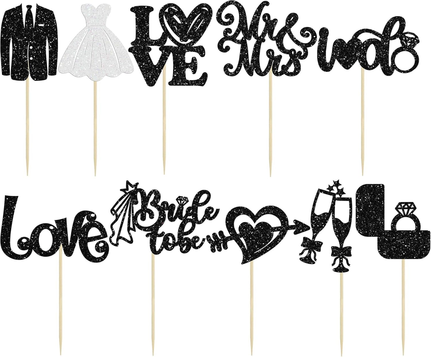 Ephlyn 30Pcs Bride to be Cupcake Toppers Glitter Wedding Cake Topper Decorations I Do Love Heart Ring Cupcake Picks for Bridal Shower Wedding Engagement Party Supplies Black
