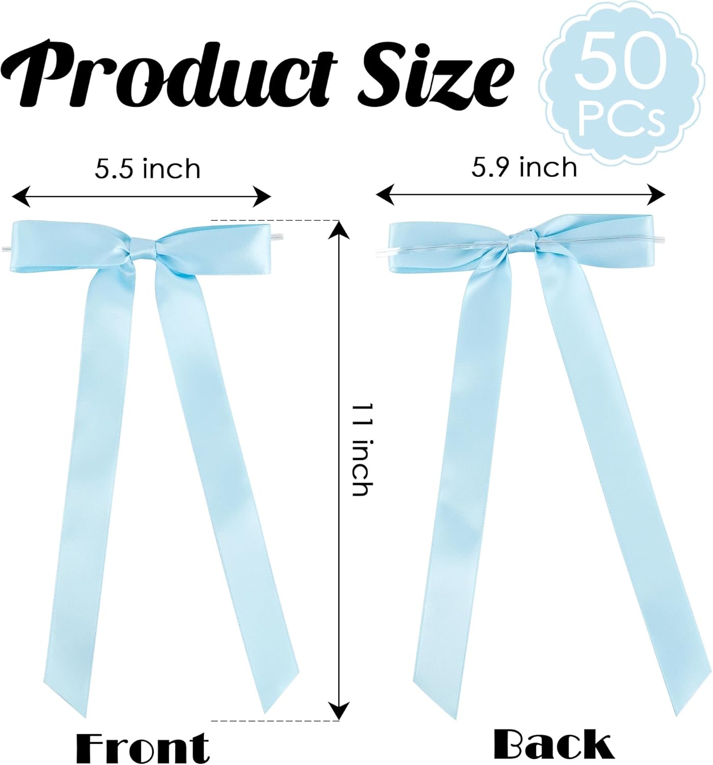 50 PCs Blue Bow Decor 5.5'' Satin Bows with Long Tail, Twist Tie Bows for Craft, Packaging Ribbon Bows, Premade Bows for Cake Decorating, Gift Bows for Treat, Wedding Favor, Party
