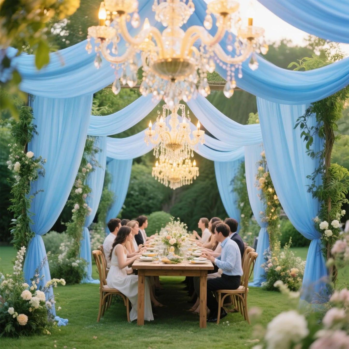 VOK Blue Wedding Arch Draping Fabric Chiffon Fabric, 29in x 18Ft Sheer Chiffon Outdoor Curtain for Wedding Ceremony Birthday Party Decoration (Blue,1 Panel)