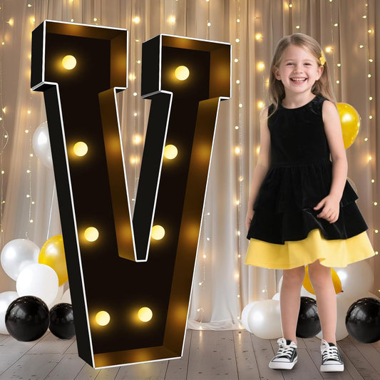 Pooqla 3FT Marquee Light Up Letters, Black LED Party Decor Large Marquee Letters 3 Feet Tall, Giant Mosaic Letter for Birthday Graduation Anniversary Wedding Decoration, Letter V