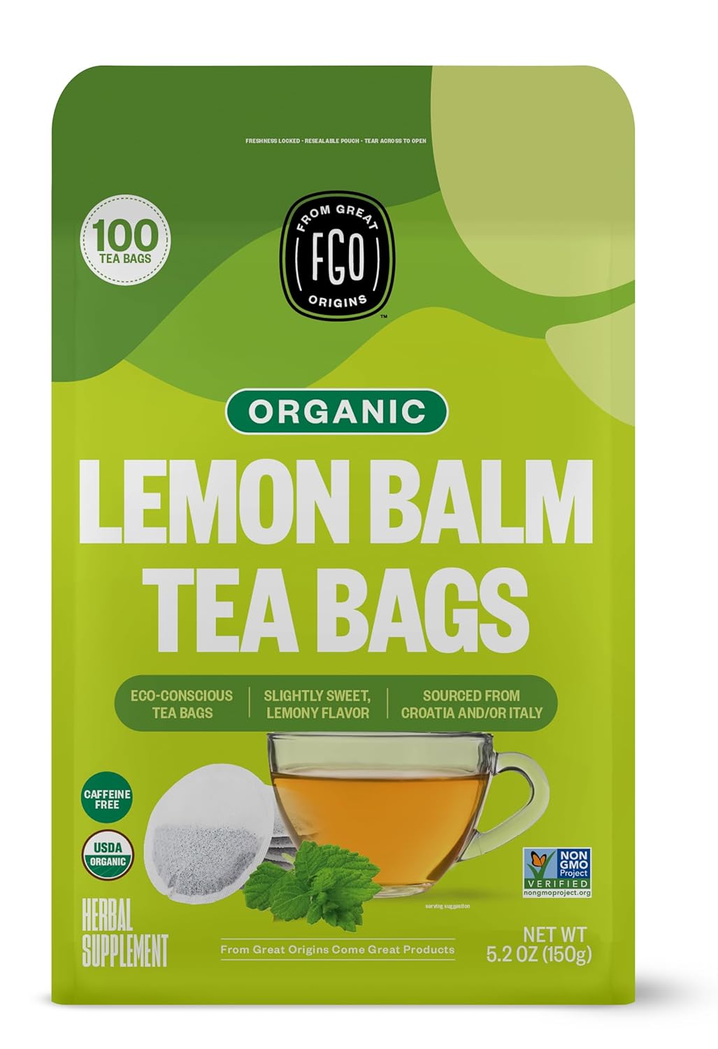 FGO Organic Lemon Balm Tea, 100 Count, Eco-Conscious Herbal Tea Bags, Resealable Bag, Caffeine Free, Packaging May Vary (Pack of 1)