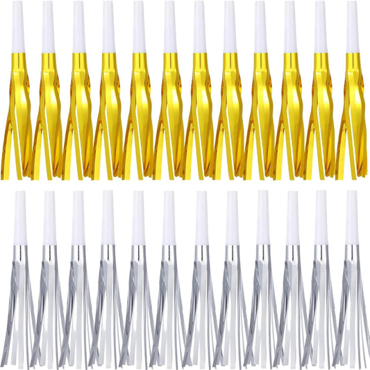 Metallic Fringed Noise Makers, 24 Pcs, Gold White, Silver White, for Noise Makers Party Favors, Baby Shower, Kids Birthday, New Year Party