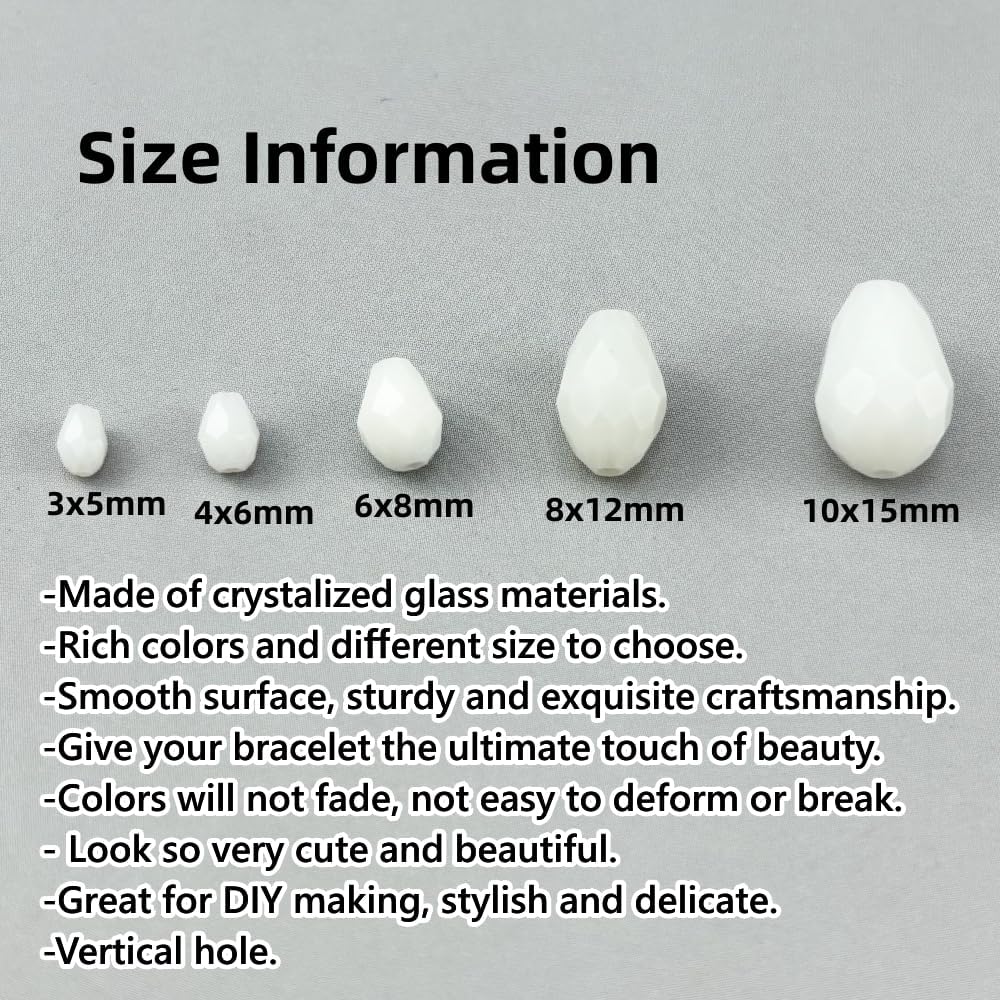 100pcs 8x12mm Teardrop Crystal Glass Beads for Jewelry Making, Faceted Vertical Hole Teardrop Glass Spacer Beads for Wind Chimes Bracelet Earring Necklace DIY Craft(White)