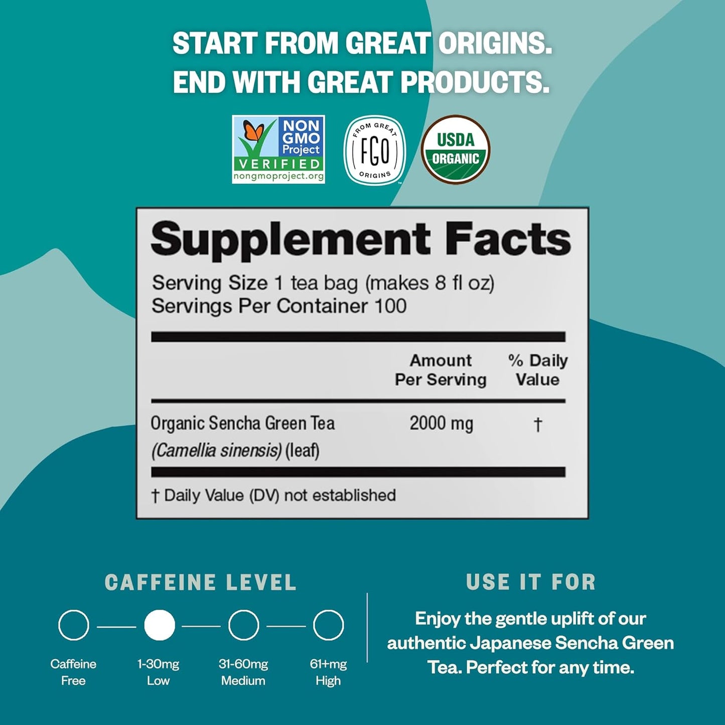 FGO Organic Sencha Green Tea, 100 Count, Eco-Conscious Tea Bags, Resealable Bag, Sourced From Japan, Packaging May Vary (Pack of 1)