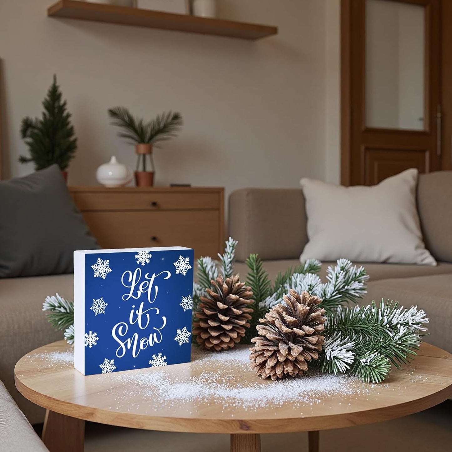 Winter Decorations Indoor Winter Decor Let It Snow Home Room Snowflakes Table Wood Box Sign Rustic Wooden Shelf Desk Decor Season Sign House Warming Gifts 5.9 x 5.9 Inch