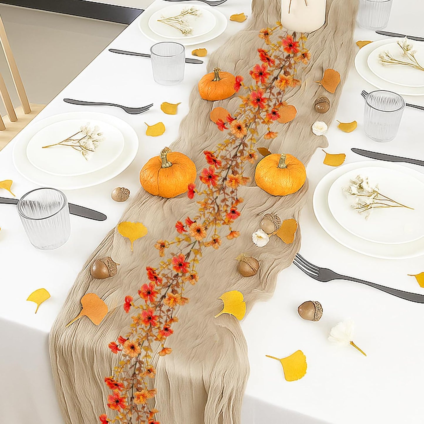 2 Pack Artificial Fall Flowers Garland, 6 FT Fall Decorations UV Resistant Fake Mums Floral Vines Faux Hanging Flower Ivy Garland for Home Party Table Wall Decor (Orange + Autumn Yellow)