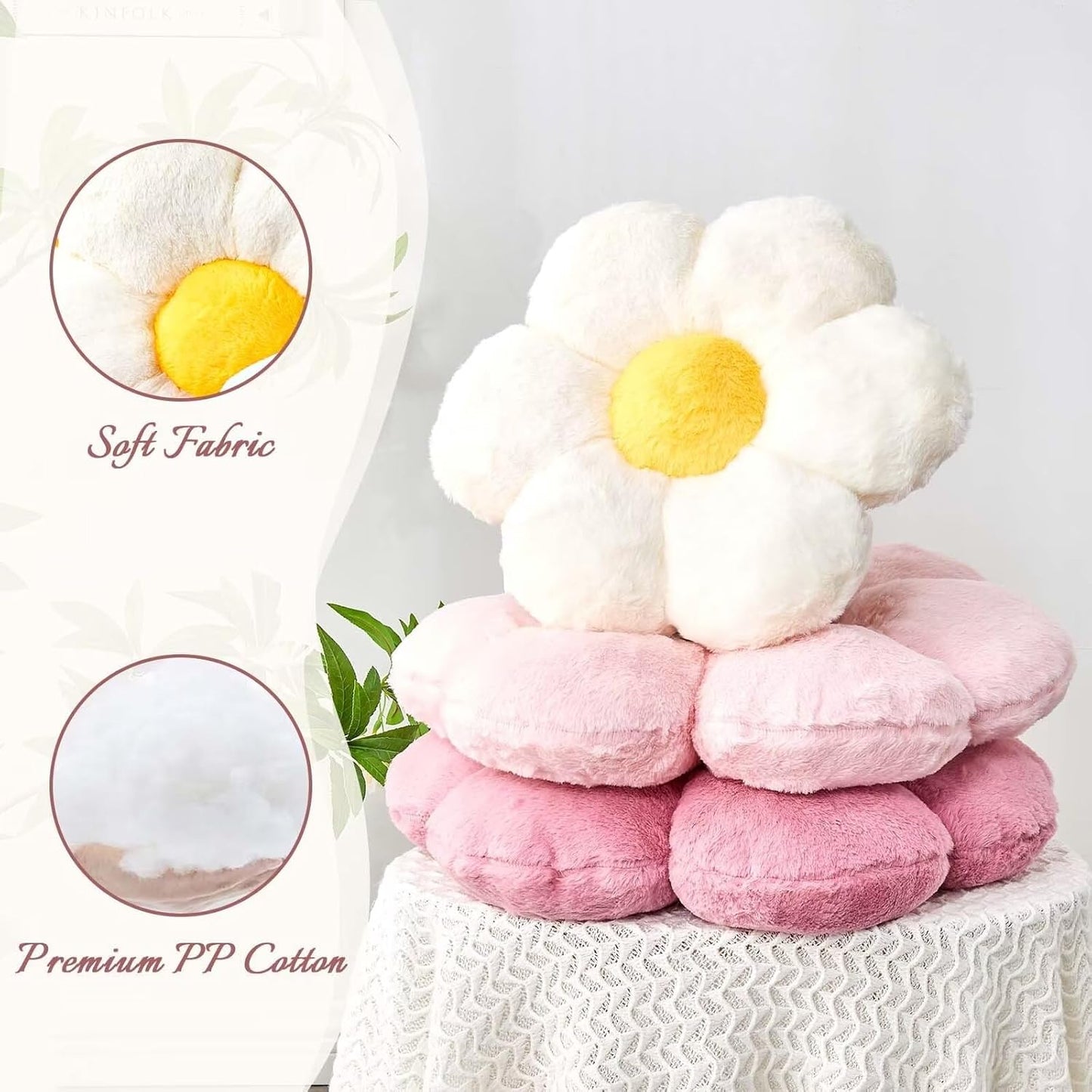 Pink Flower Pillow, Cute Decorative Flower Shaped Throw Pillow with Faux Rabbit Fur, 19.6" Soft Flower Plush Throw Pillow Floor Pillows Room Décor for Bedroom Living Room