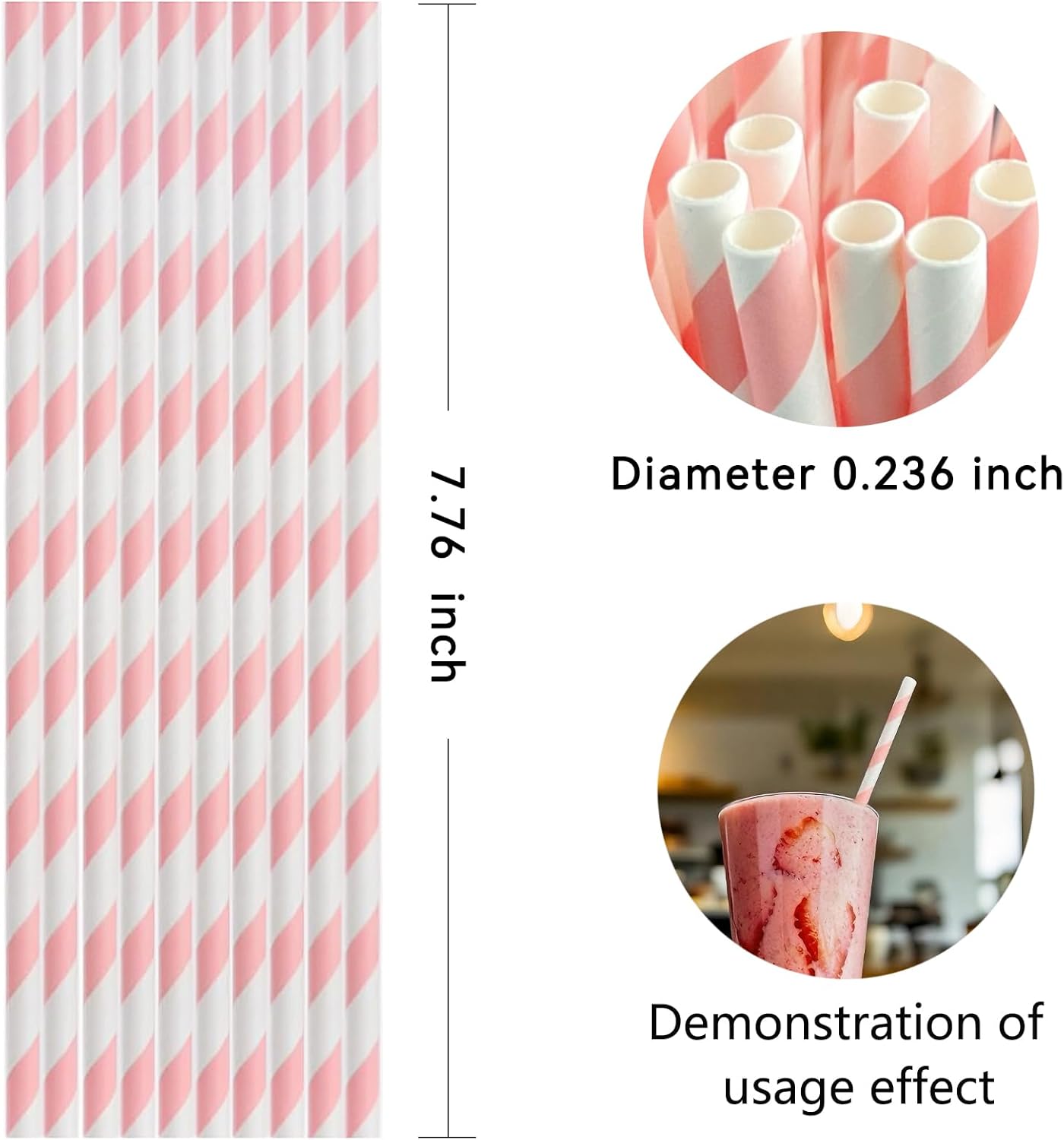 YAOSHENG pink Paper Straws for drinking, 100 Pack pink Striped paper straws for Party Supplies,Birthday,Wedding,Juice, shakes,Smoothies,cocktail