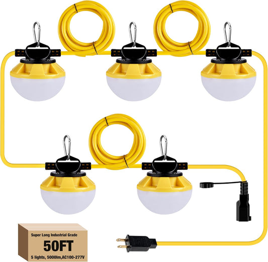 50FT Construction String Lights, IP65 Waterproof ETL Certified LED String Work Lights, 5000K Daylight 18AWG Wire Linkable Temporary Construction Lighting for Jobsite with 5 Bulbs & Hooks