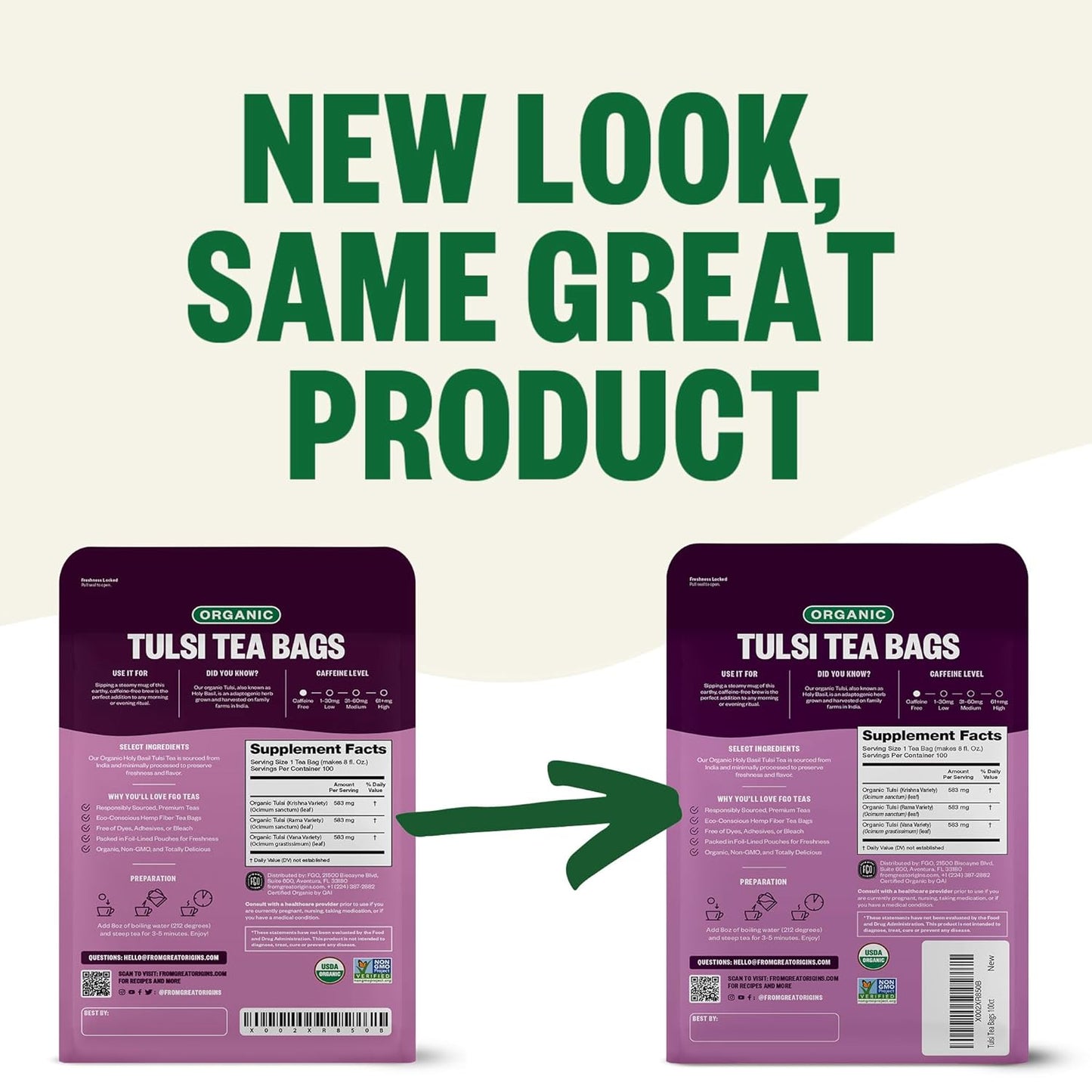 FGO Organic Tulsi Holy Basil Tea, 100 Count, Eco-Conscious Herbal Tea Bags, Resealable Bag, Caffeine Free, Packaging May Vary (Pack of 1)