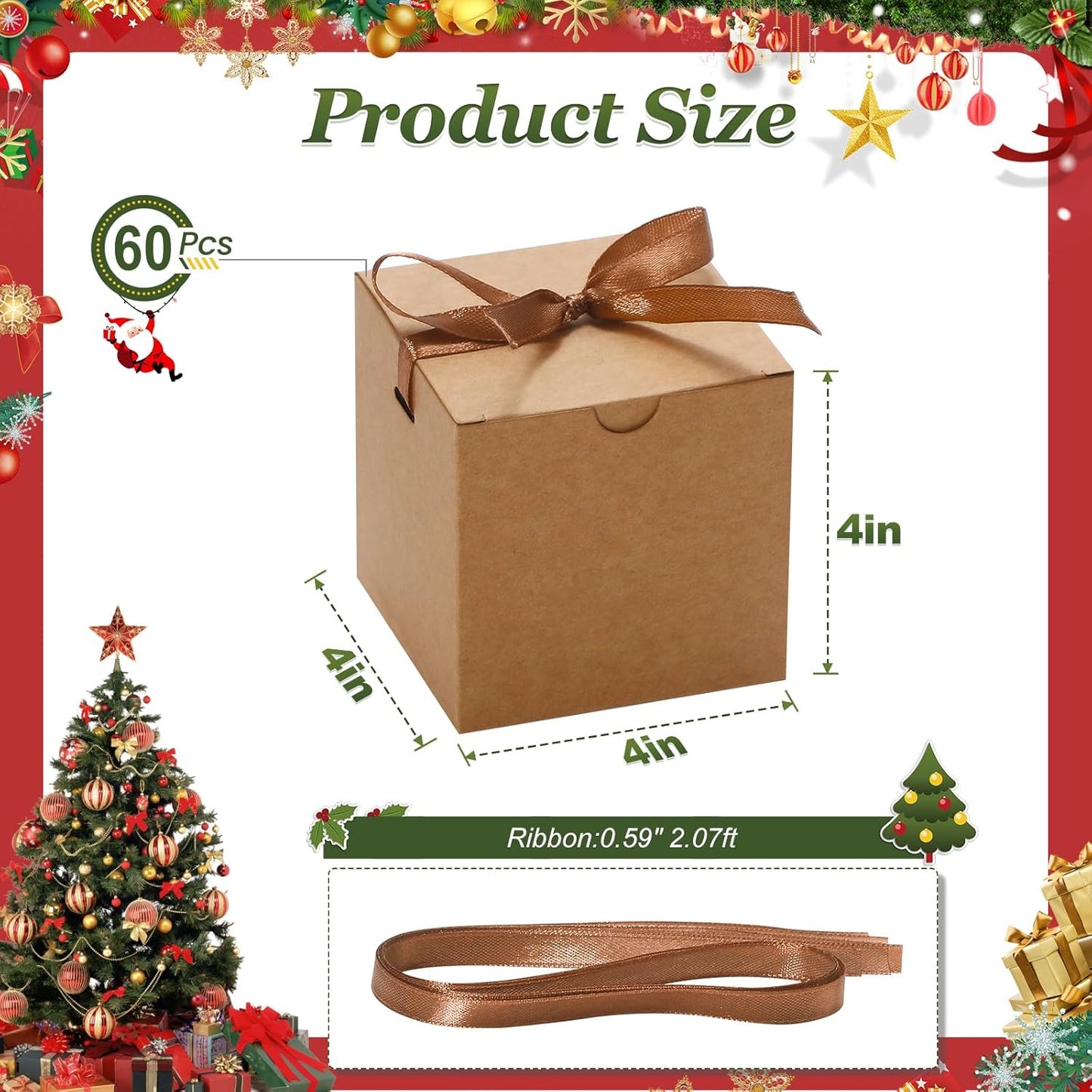 DOYIDE Small Gift Boxes, 60 Pcs 4x4x4 Inch Brown Elegant Paper Box with Ribbons, Party Favor Boxes for Candy Cupcake Christmas Wedding Baby Shower Bridesmaids Birthday