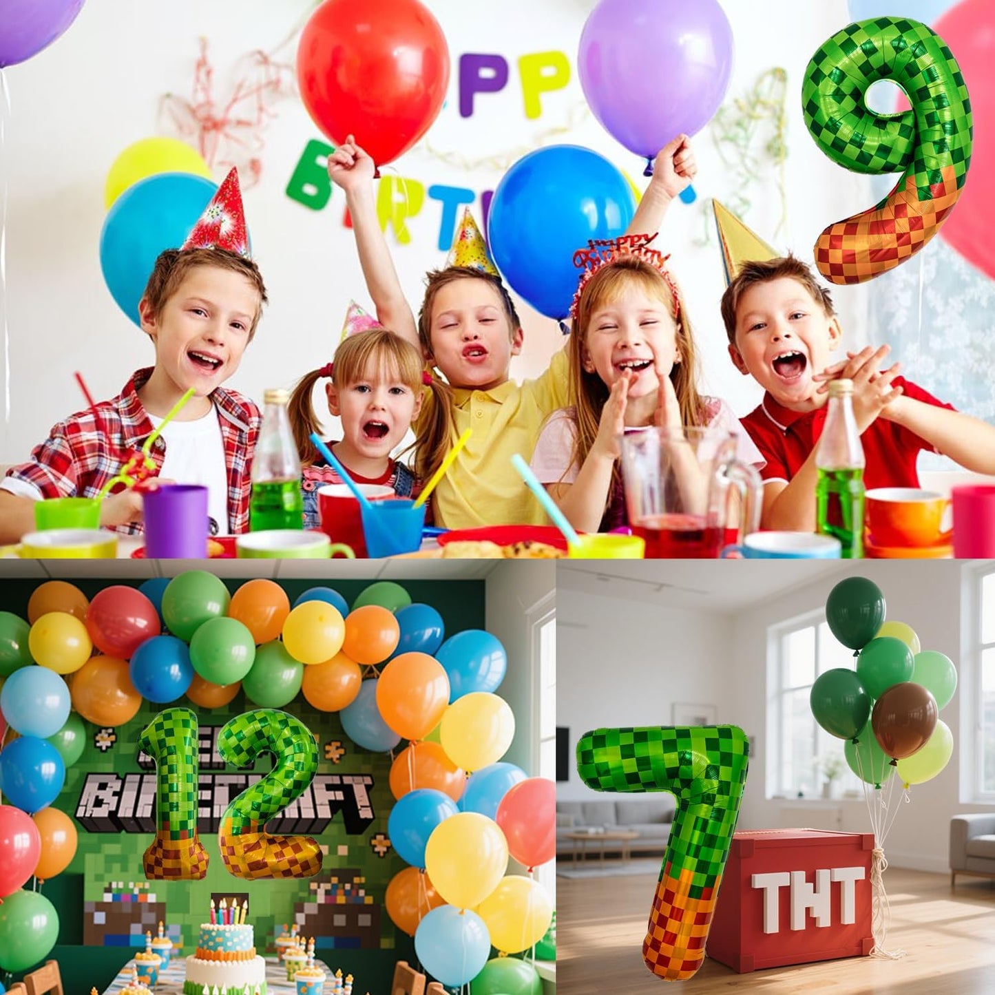 Pixel & TNT Theme 40in Giant Number Balloons - Foil Mylar Birthday Party Decorations for Kids Adults Cumpleaños, Block Style Pixel Art Shape Balloon Decor Supplies (Pixel, Number 3)