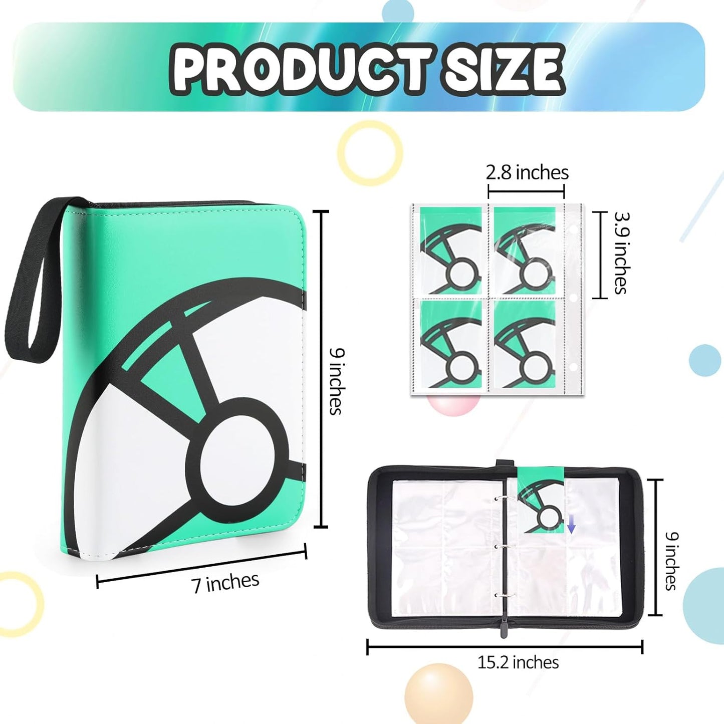 Trading Card Binder 4-Pockets, 400 Pockets Card Holder with 50 Removable Sleeves, Large Capacity & Waterproof Zipper Album Holder for Trading Card Collector, Portable Card Album Book for Card-Green