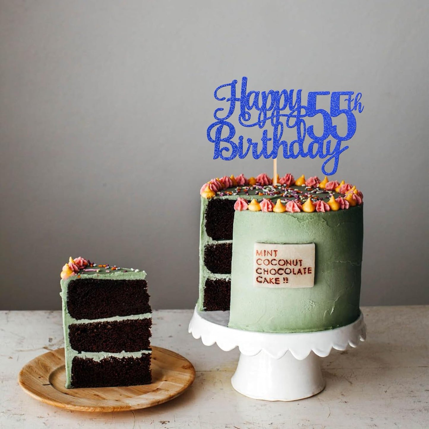 1 PCS Happy 55th Birthday Cake Topper Glitter Cheers to 55 Years Birthday Cake Pick Fifty Five 55 Fabulous Cake Decoration for Happy 55th Birthday Theme Party Decorations Supplies Blue