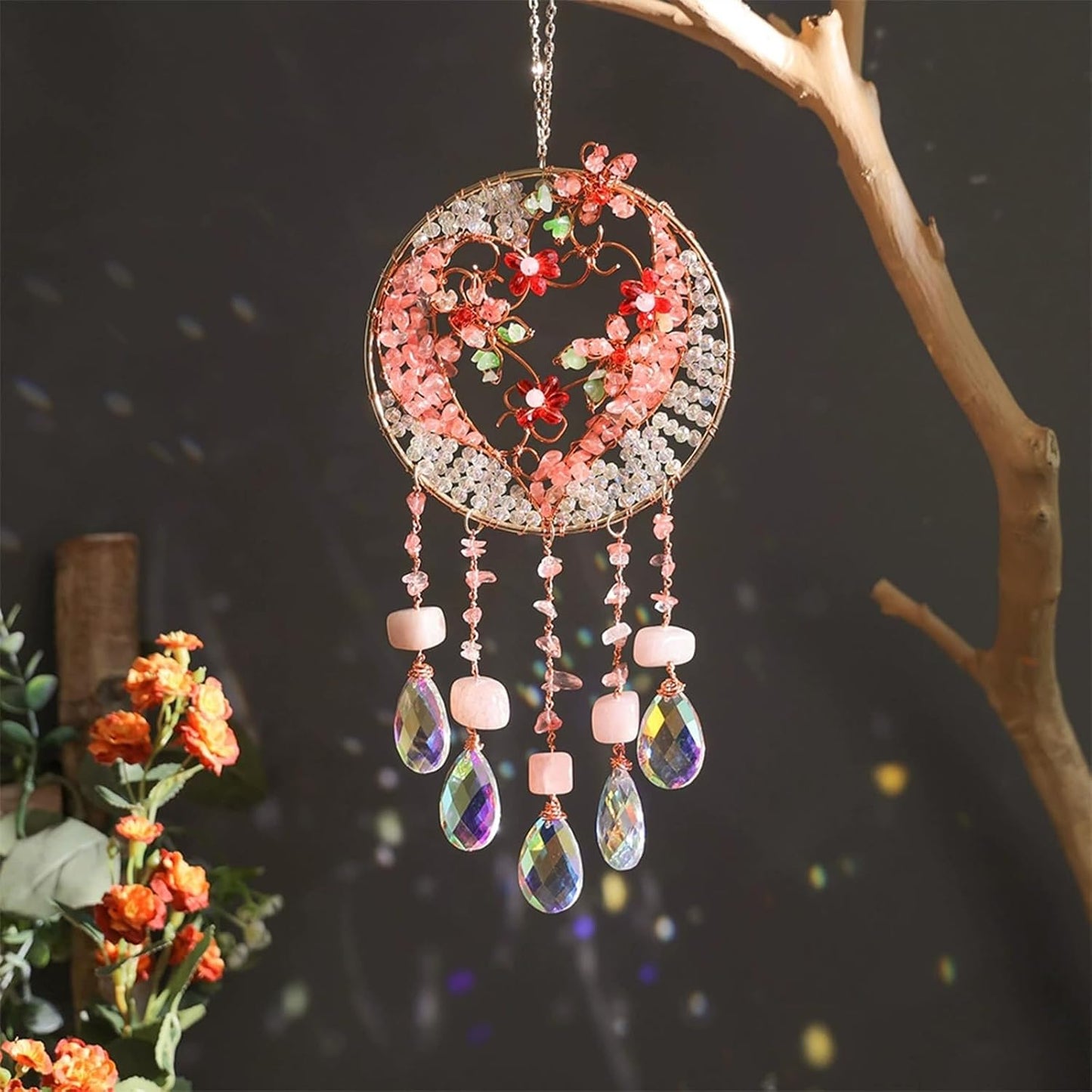 TUOKING Crystal Suncatchers for Window Pink Love Dreamy Crystal Natural Stone Sun Catchers Rainbow Maker Ornament Gift Home Garden Decoration