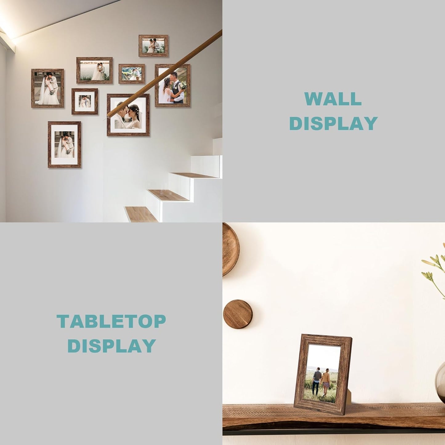 10x10 Picture Frame Set of 4 with Real Glass, Rustic Frames Display 8x8 Picture with Mat or 10 x 10 Without Mat, Wooden Square Photo Frame for Wall Mount and Tabletop Display