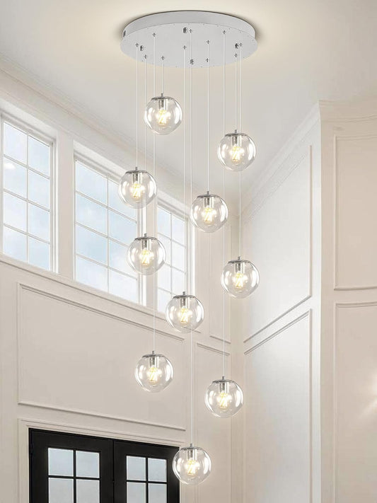 H118 Staircase Chandelier for Entryway Modern Globe Chandelier 12-Lights Glass Globe Pendant Light Large Chandeliers for High Ceiling Foyer Stairwell